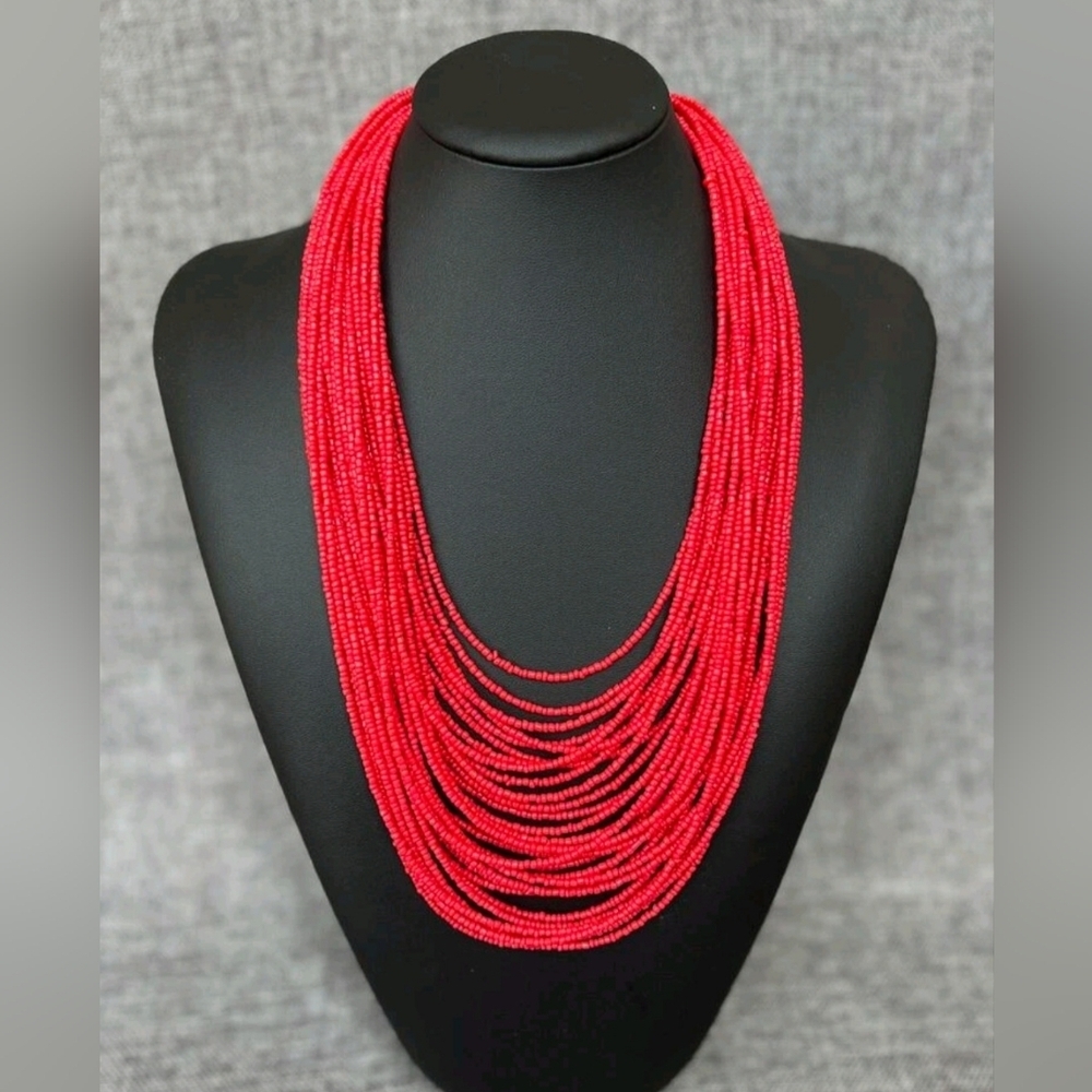 Handcrafted Red Sead Bead Boho Necklace & Earrings Set